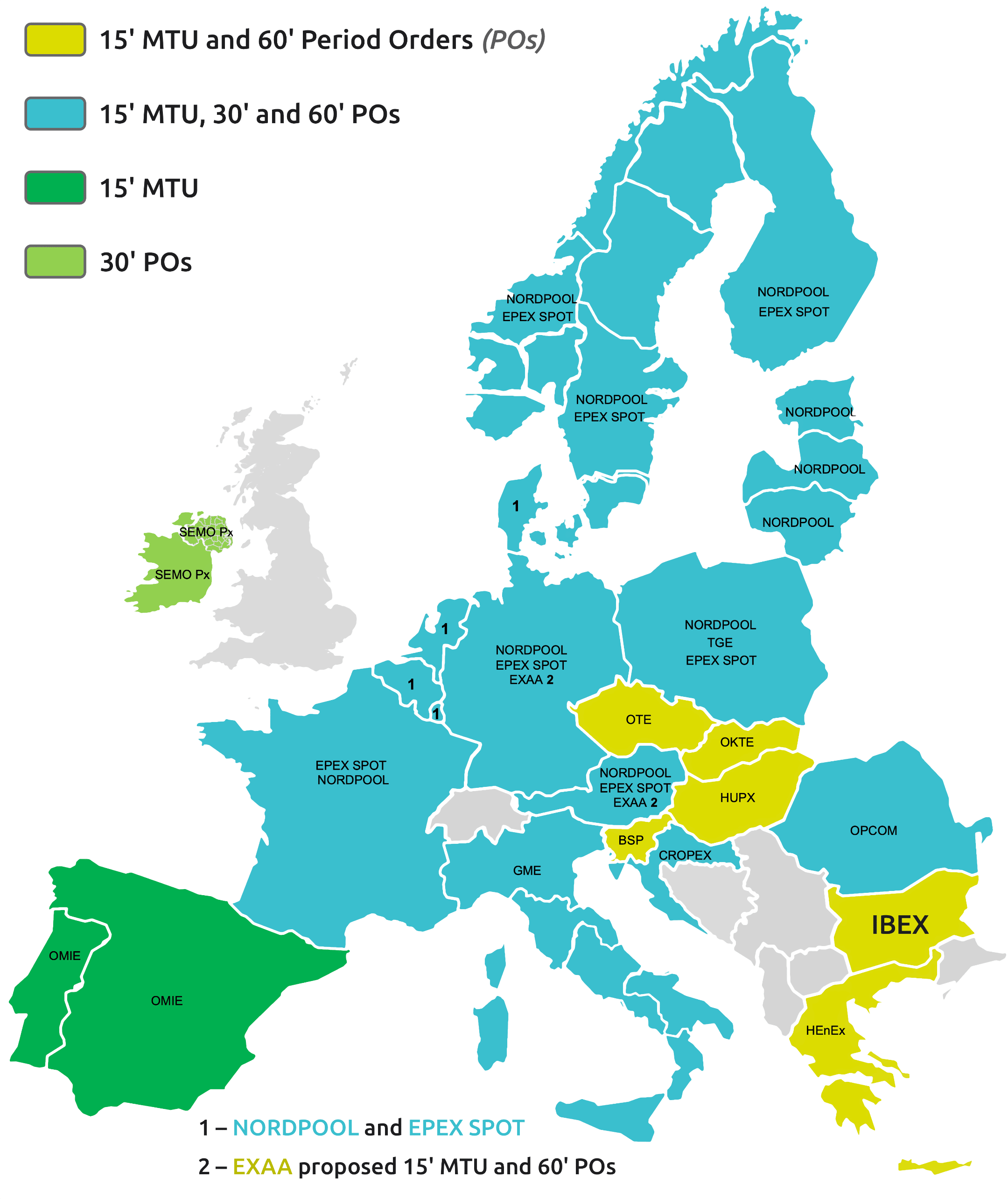 Карта стран Европы по временным интервалам торговли на энергетической бирже, 15-minute MTU SDAC market