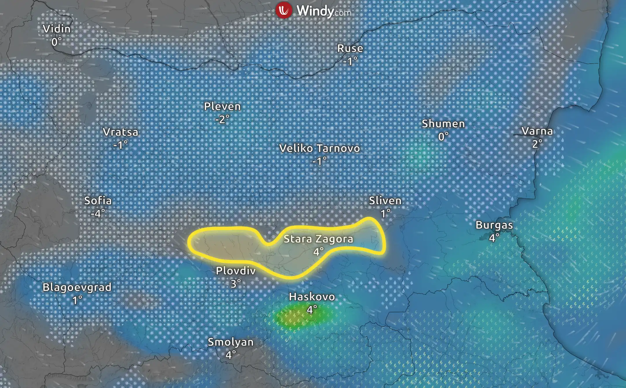 Windy карта сне&shy;го&shy;пада в Болгарии 8 января 2026 года, в Стара-Загоре сол&shy;нечно